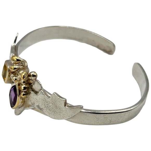 Vintage 925 Sterling Silver Modernist Cuff Bracelet with Amethyst and Citrine - Picture 2 of 5